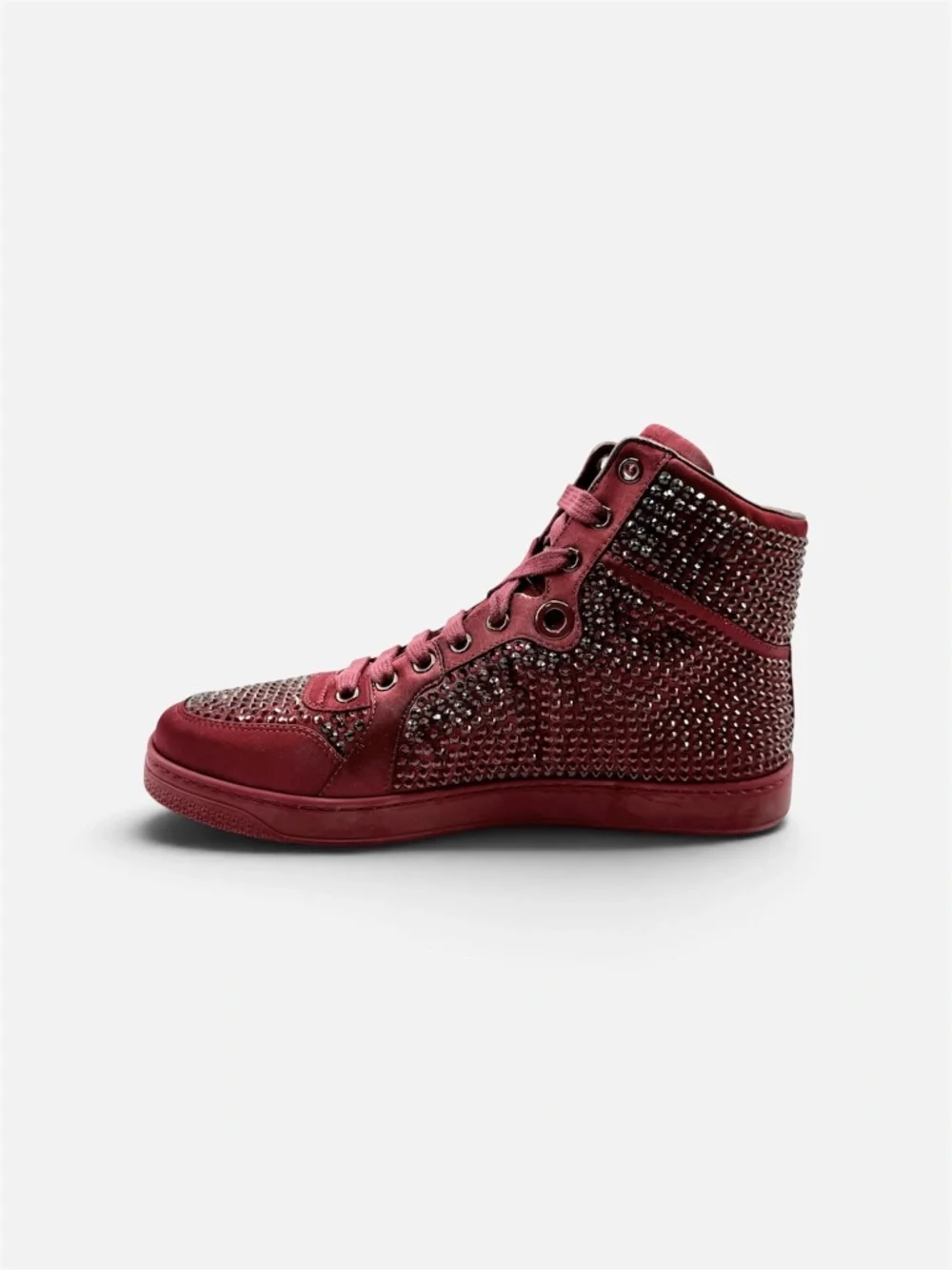 Gucci Burgundy Crystal Studded Satin Sneakers Men 5G US 7-7.5 NIB